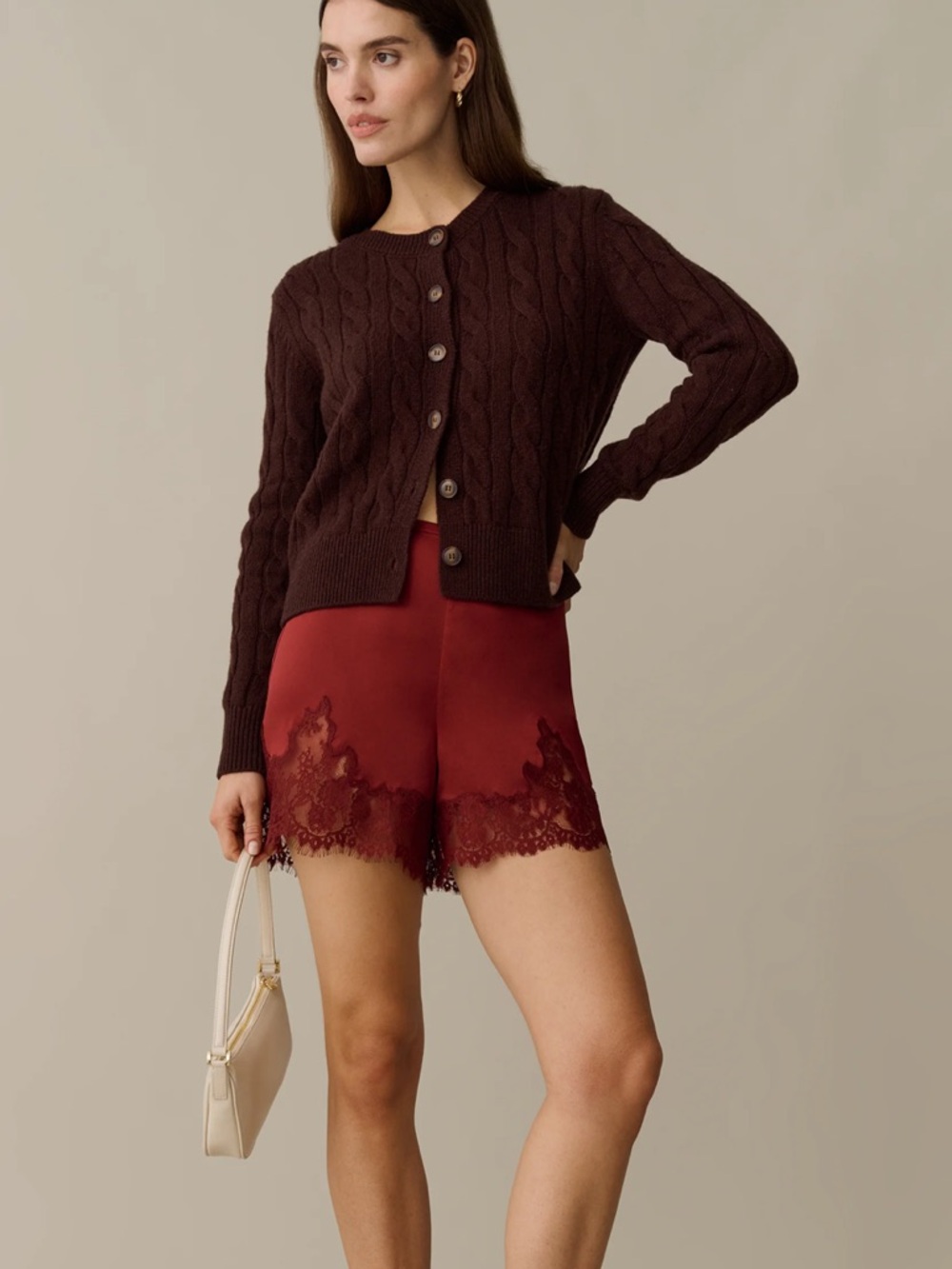 High-Waist Satin Lace-Trim Shorts in Burgundy